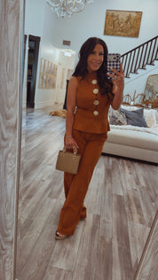 Chic Cognac Gold Accent Peplum Top