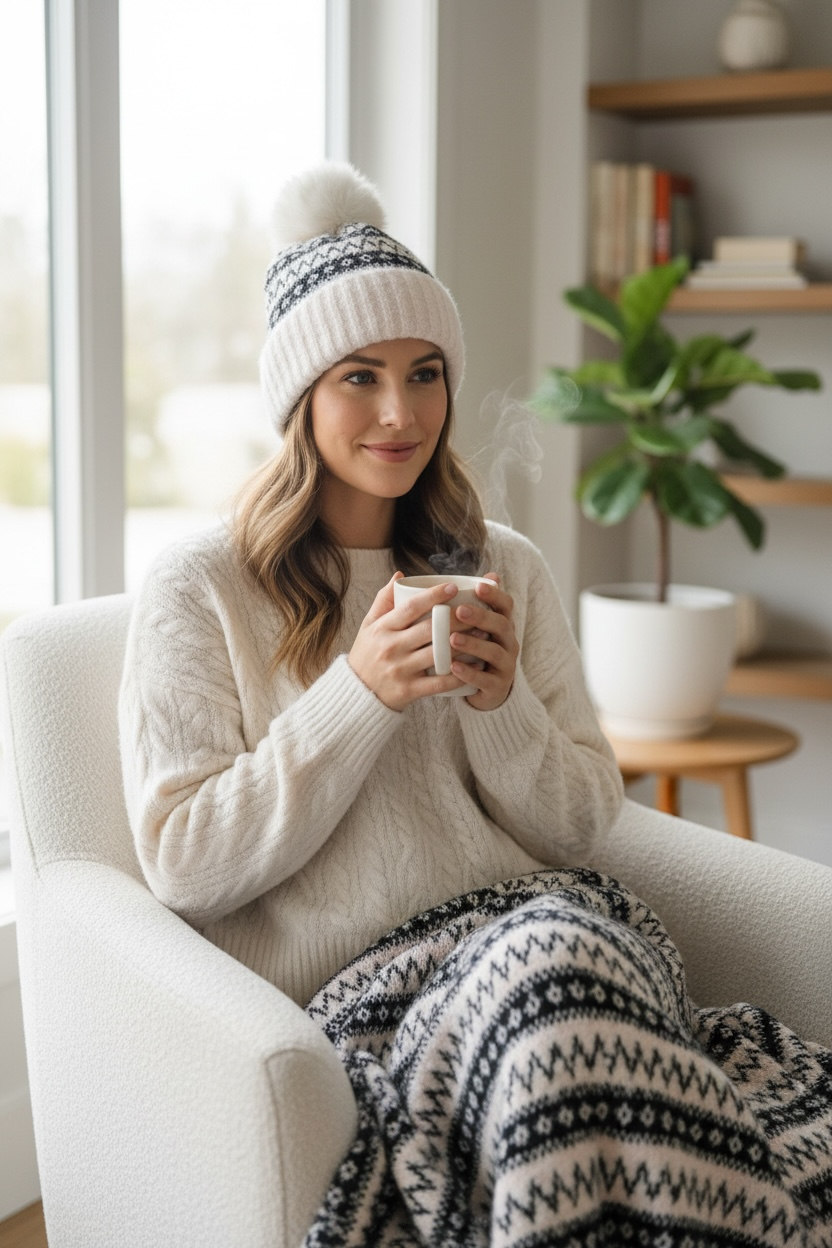CC White and black Print Beanie With Pom