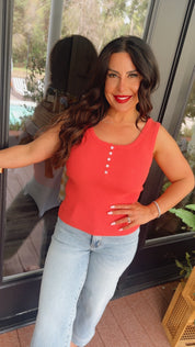 Coral Ribbed 1/4 Button Tank