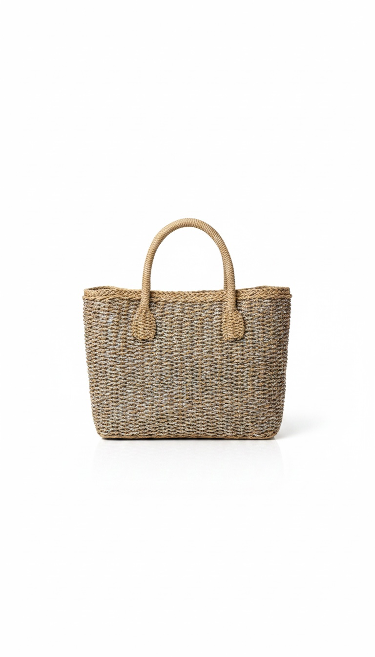 Shimmering Silver and Woven Seagrass Large Purse