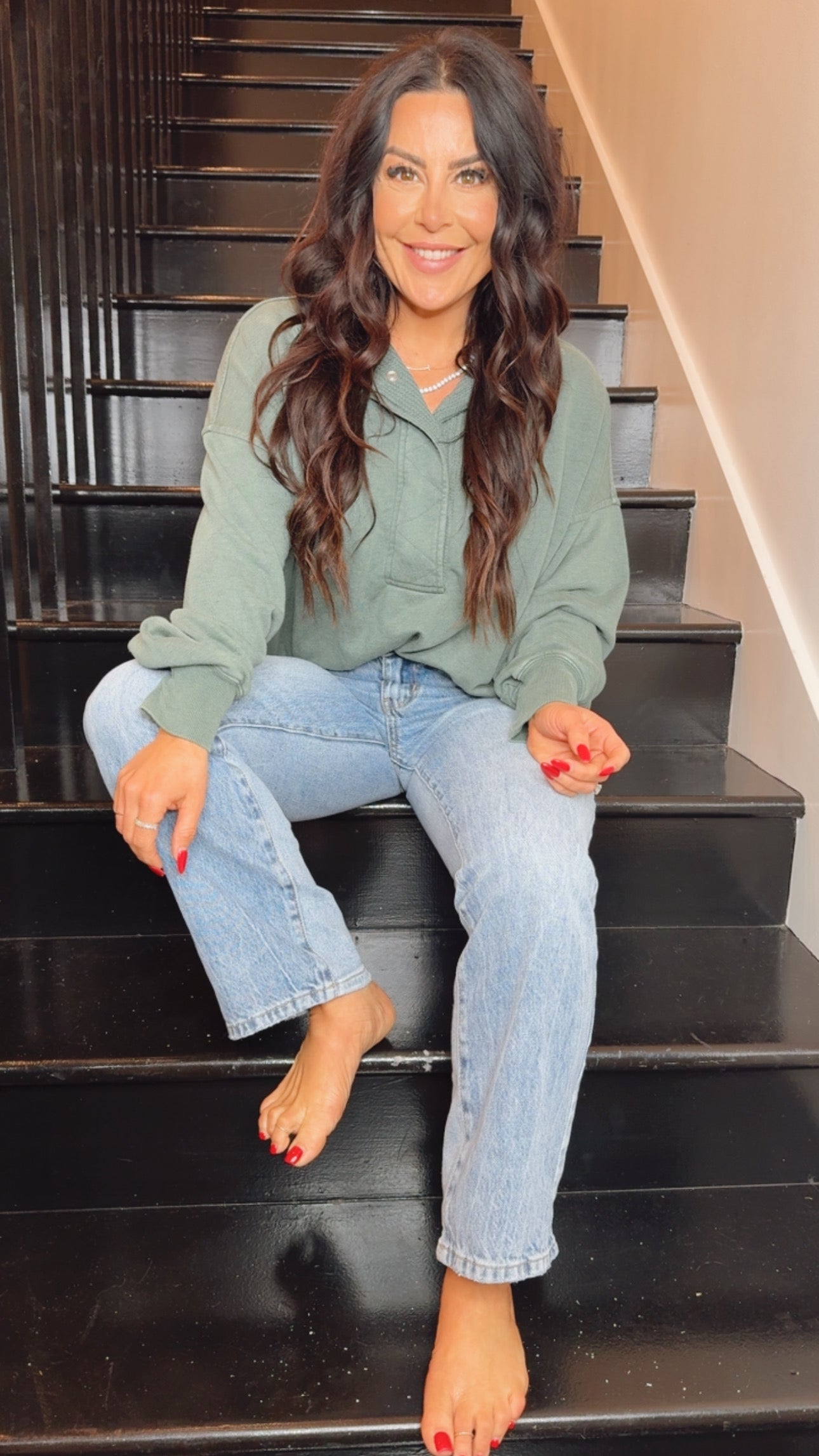 Raemode Cozy Green 1/4 Button Oversized Pullover