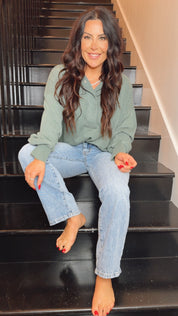 Raemode Cozy Green 1/4 Button Oversized Pullover