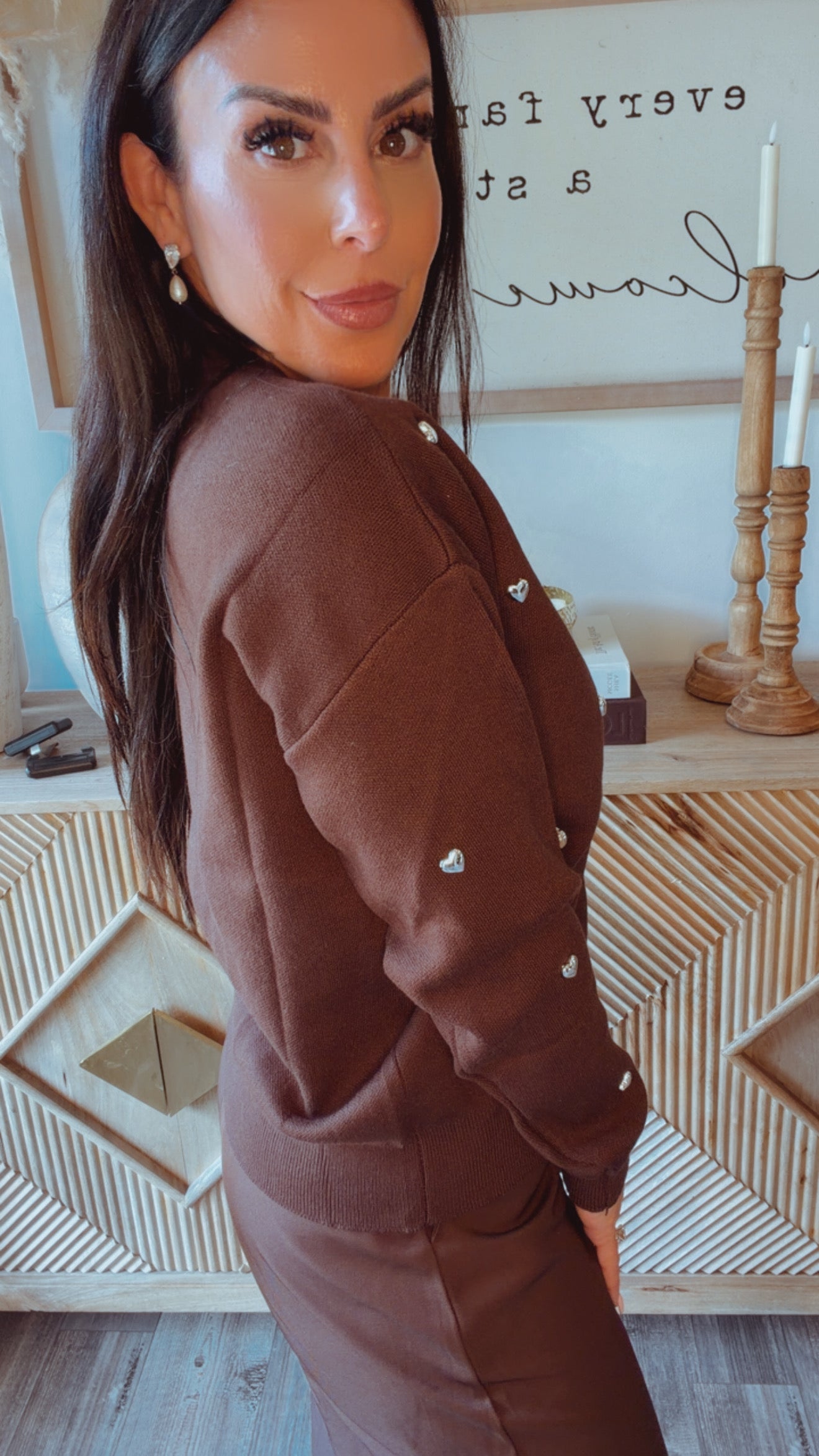 “Heart of Gold” Luxe Ultra Soft Cafe and Silver Heart Studded Sweater
