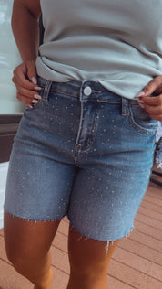 Medium Wash Rhinestone Embellished Risen Jean Shorts