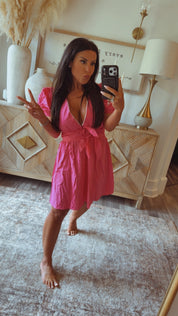 Pink Puff Sleeve Tie Back  Dress