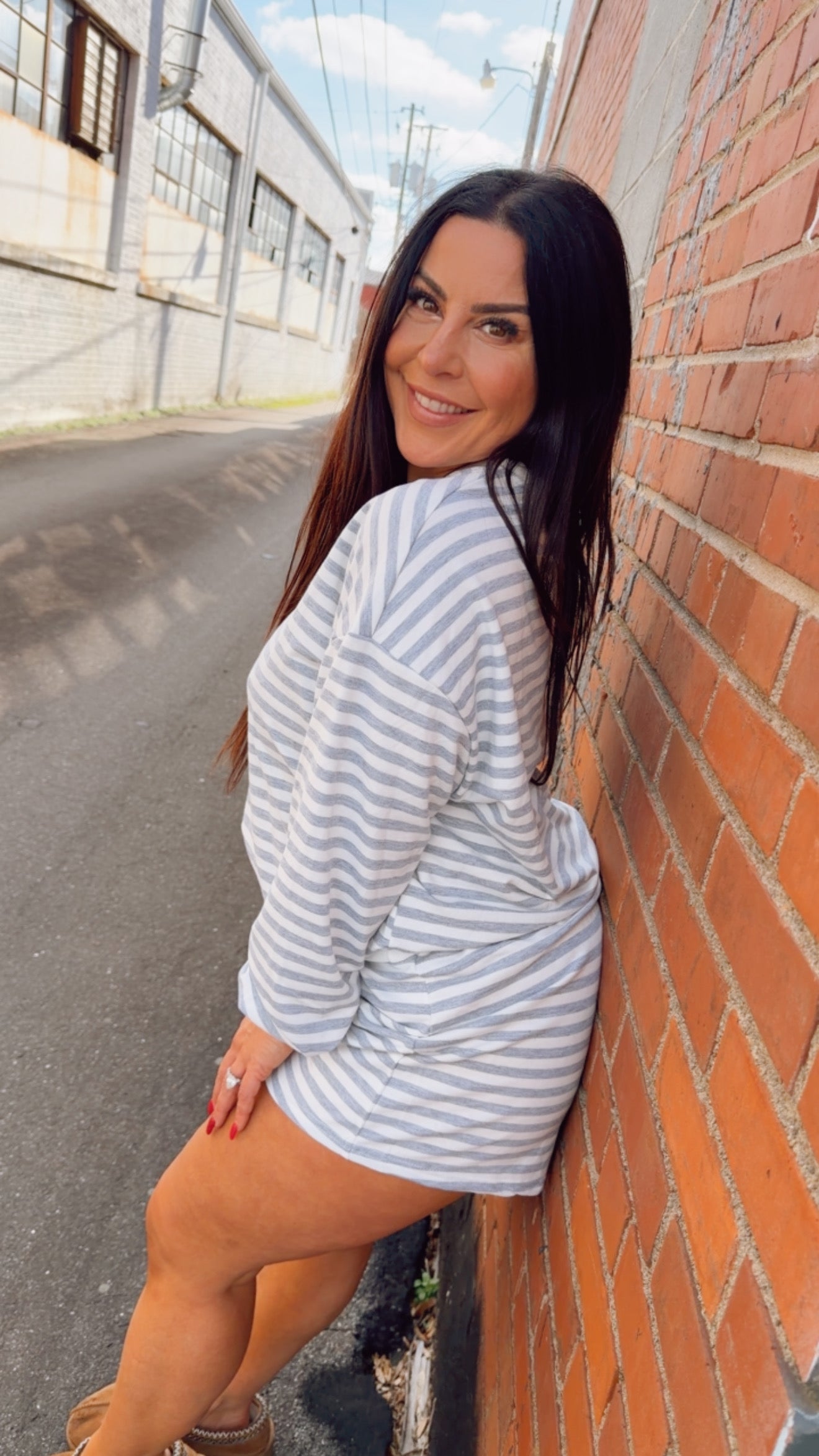 Grey and White Stripe Set Long Sleeve Top and Shorts