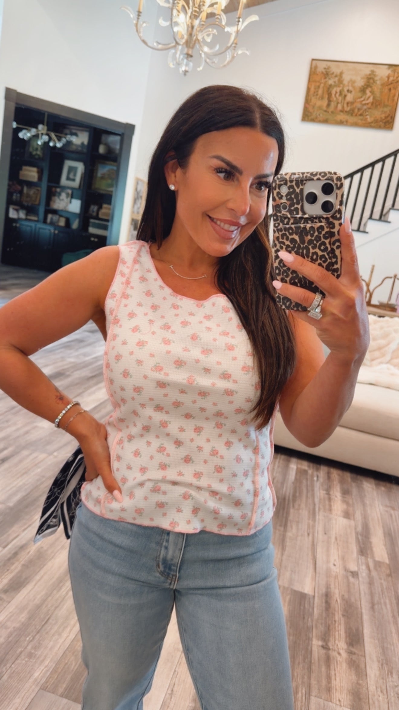 POL Pink and Floral Ultra Soft Waffle Knit Sleeveless Top