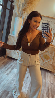 Brown  and Gold Buckle Long Sleeve Bodysuit