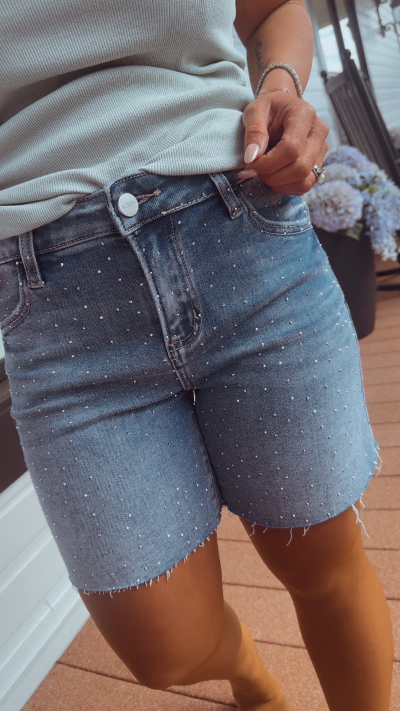 Medium Wash Rhinestone Embellished Risen Jean Shorts