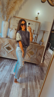 Navy and Denim Embriodered Puff Sleeve Top