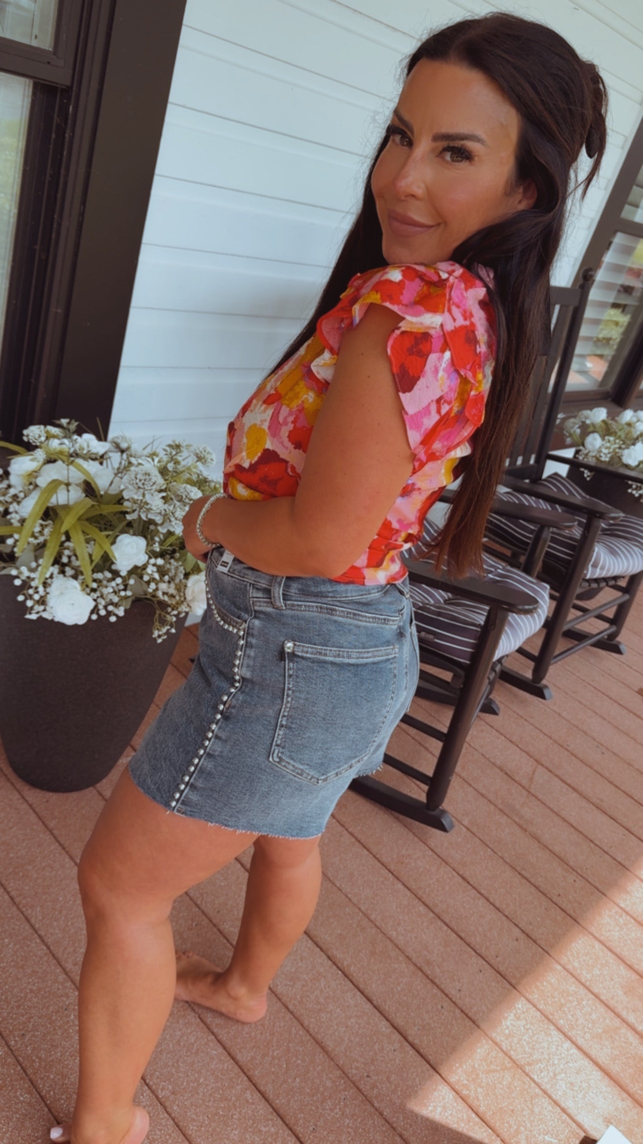 Red and Pink Watercolor Floral Ruffle Sleeve Top