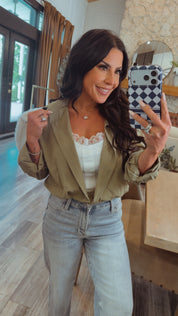Luxe Olive  and White Lace Cami Long Sleeve Top