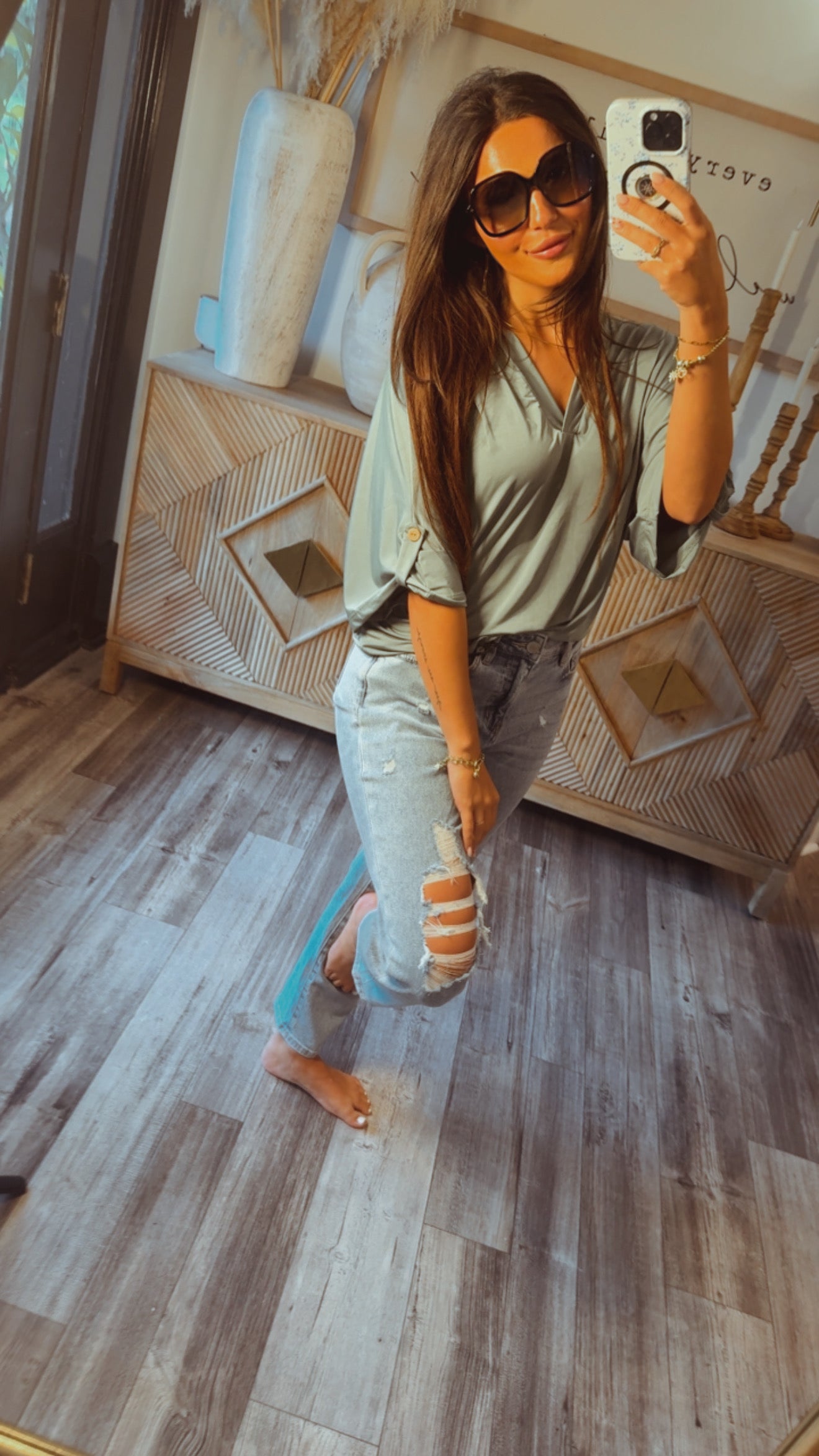 Long Sleeve Loose Fit Vneck Top Sage