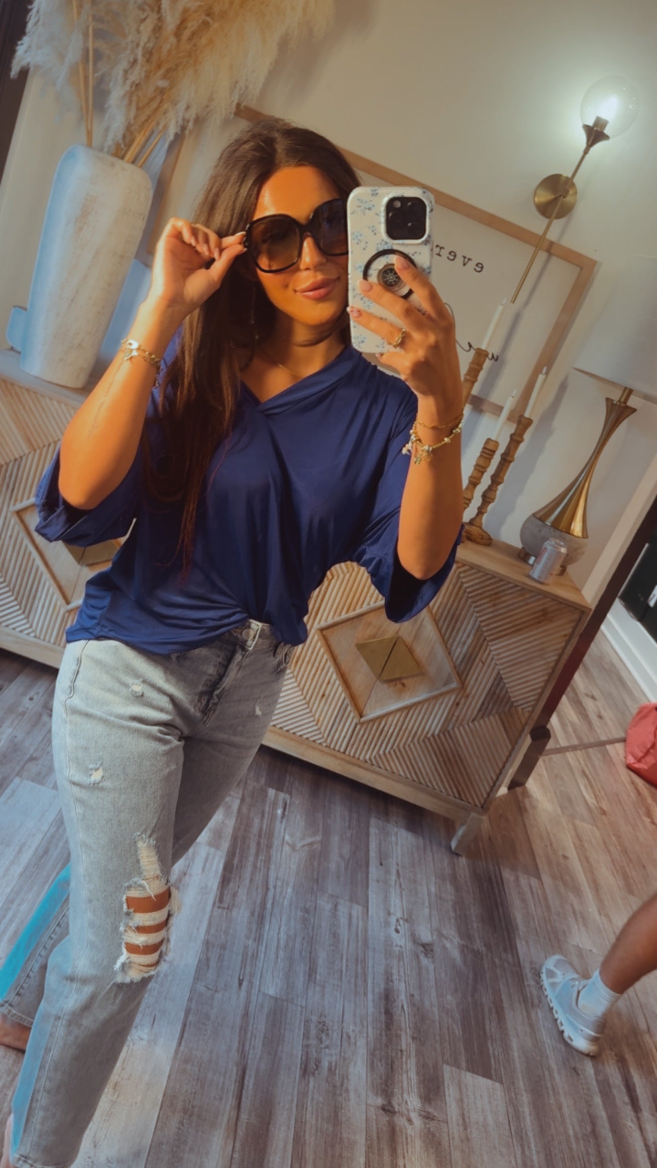 Long Sleeve Loose Fit Vneck Top Royal Blue