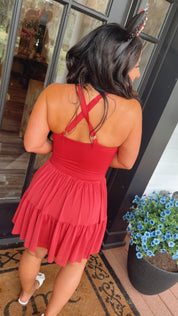 Sassy Crimson Twirl Athletic Dress With Shorts and pocket