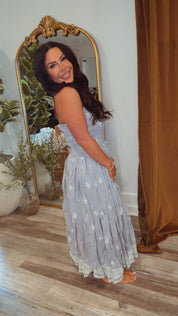 Light Blue And White Stapless Smocked Midi Dress