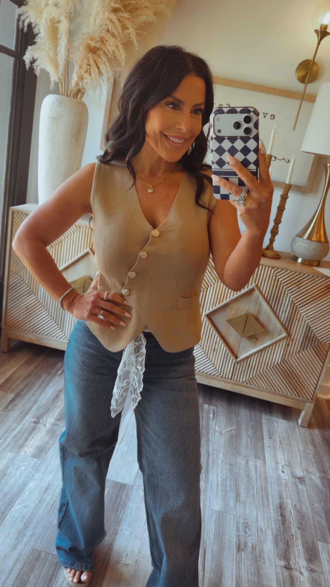 Chic Brown and Gold Button Knit Tank