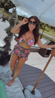 Sassy Cheetah and Floral Two Piece Bathing Suit With Mesh Skirt Bototm