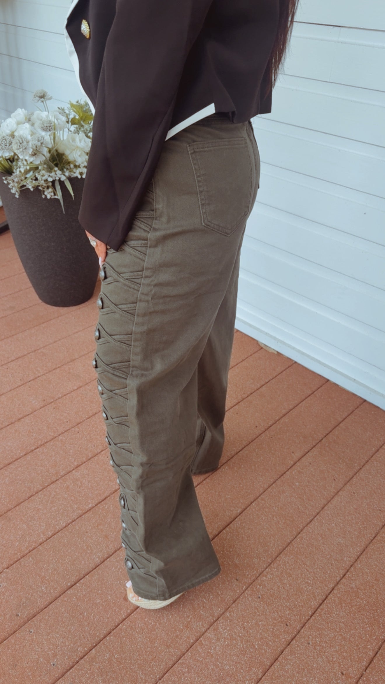 Olive Studded And Cross Stich Jeans