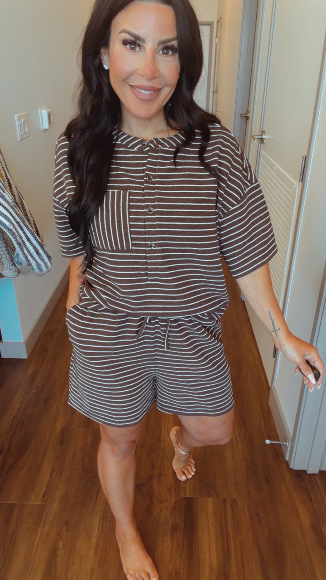 Cozy Co Denim Espresso and Cream Striped Top