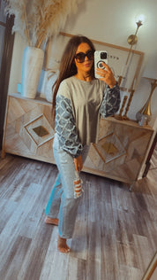 Grey and Denim Chic Lightweight Sweater Top