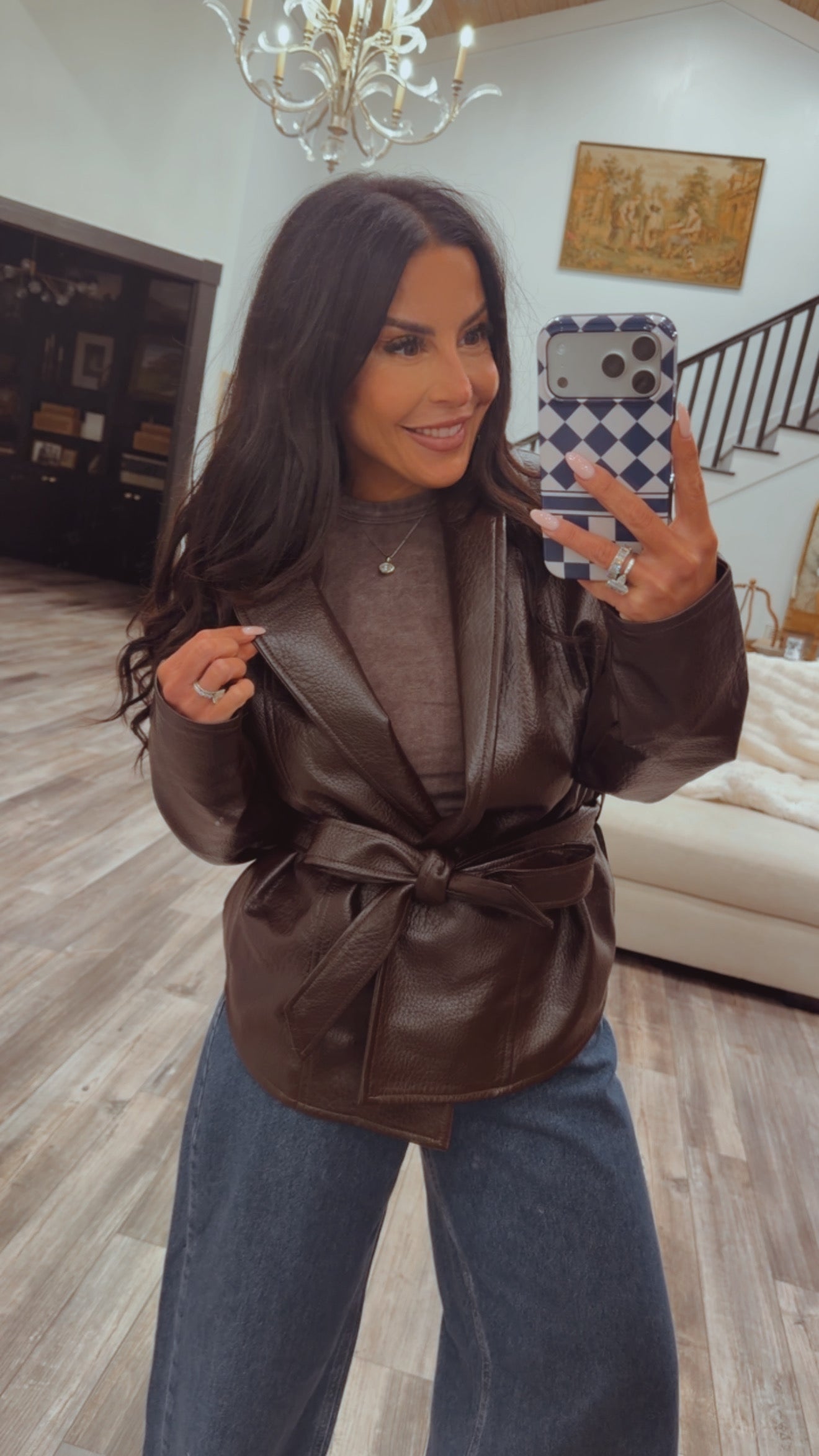 Luxe Chocolate Brown Leather Wrap Jacket
