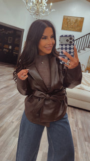 Luxe Chocolate Brown Leather Wrap Jacket