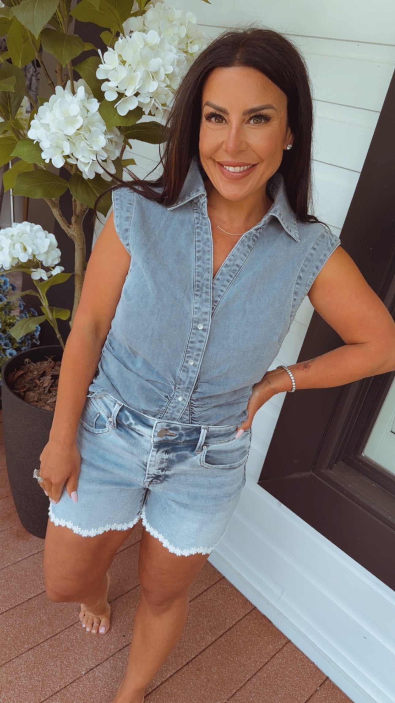 Chic Light Wash Denim Button Up Sleeveless Top  Stich&Co