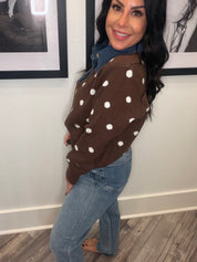 Brown and White Denim Collar Polka Dot Sweater