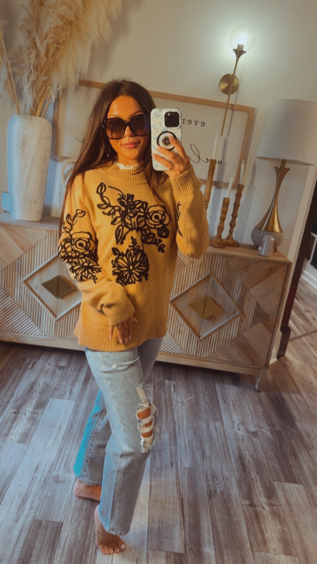 Camel And Black Floral Lightweight Sweater