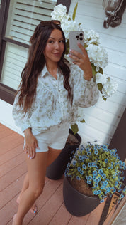 Ivory and Olive Button Down Long Sleeve Top