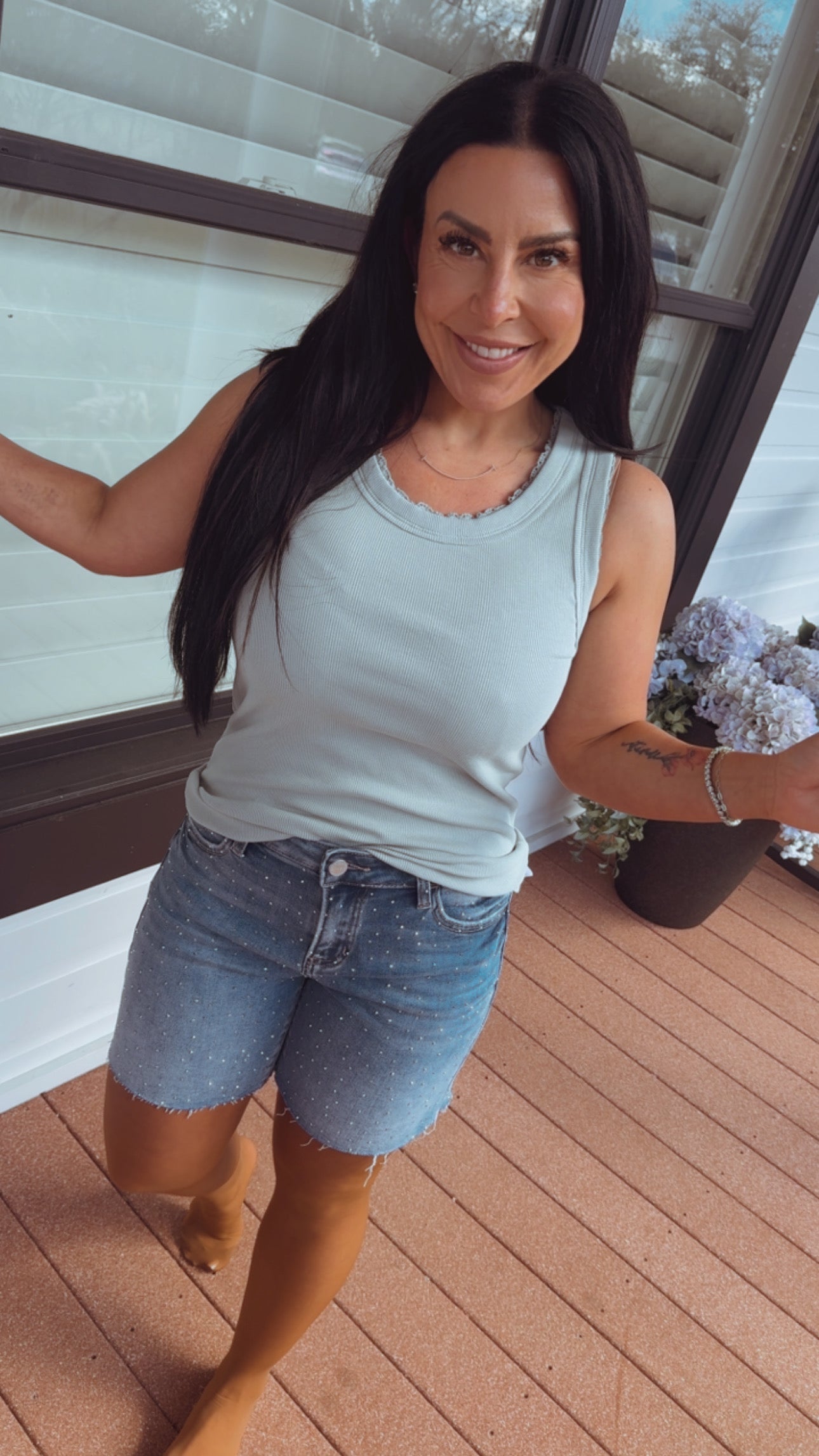 Medium Wash Rhinestone Embellished Risen Jean Shorts