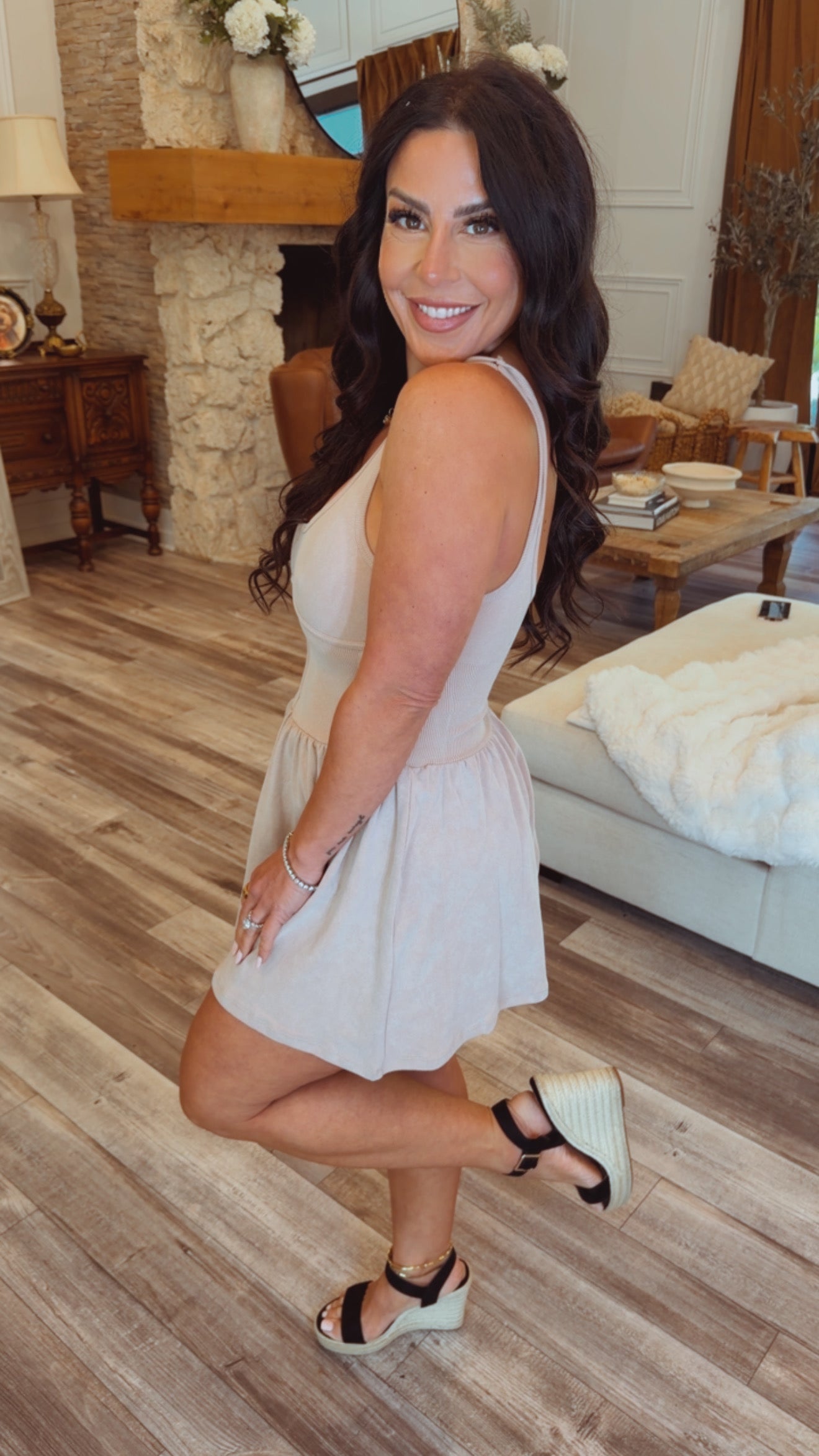 Sassy Tan Ribbed Waist Tank Dress