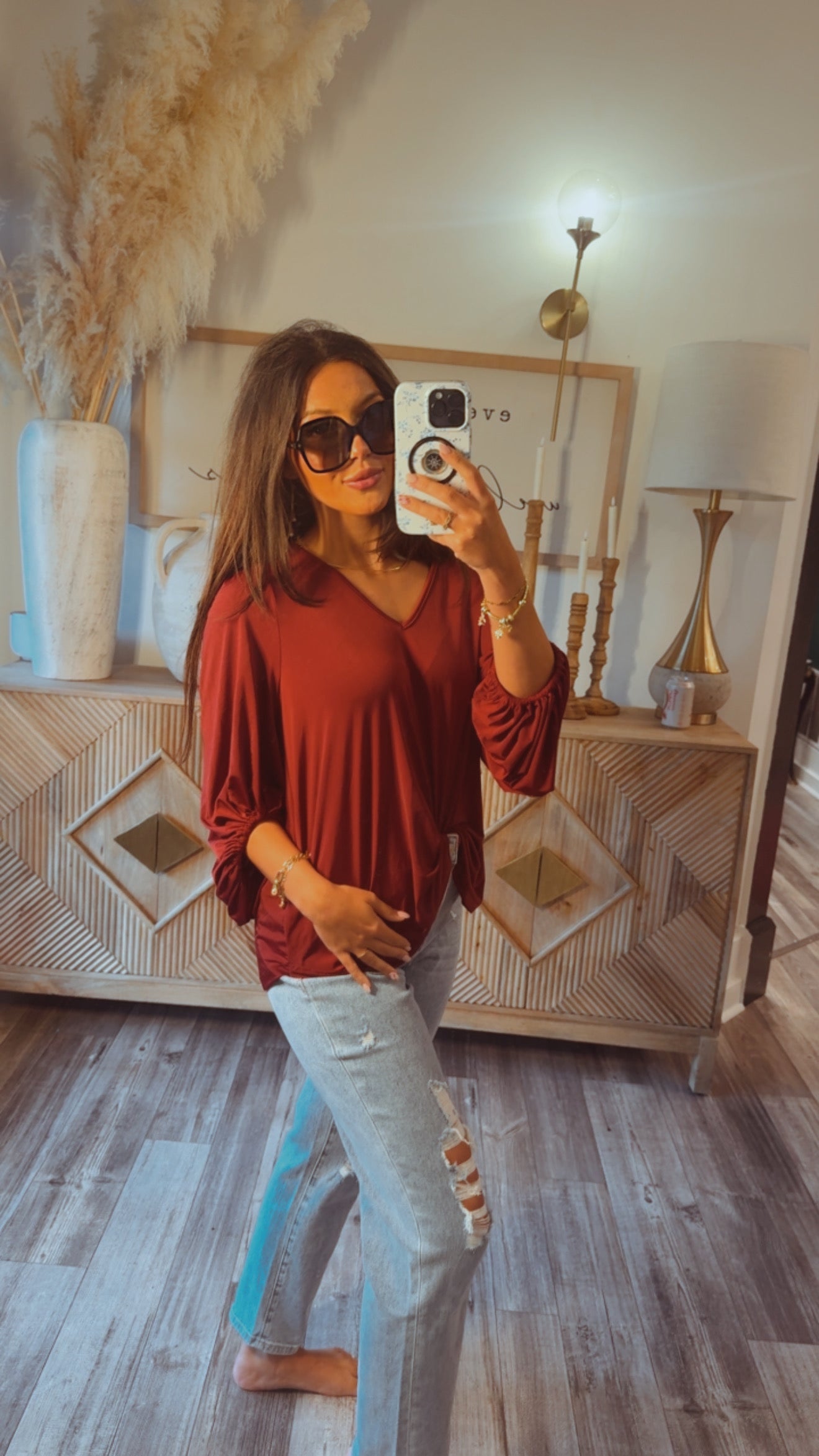 CHic Vneck Long Sleeve Wine Top