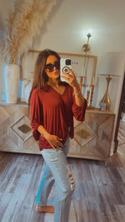 CHic Vneck Long Sleeve Wine Top