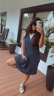 Navy and Cream Ribbed Tank Dress