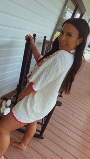 Cream And Pink Textured Button up Shirt and Shorts Set