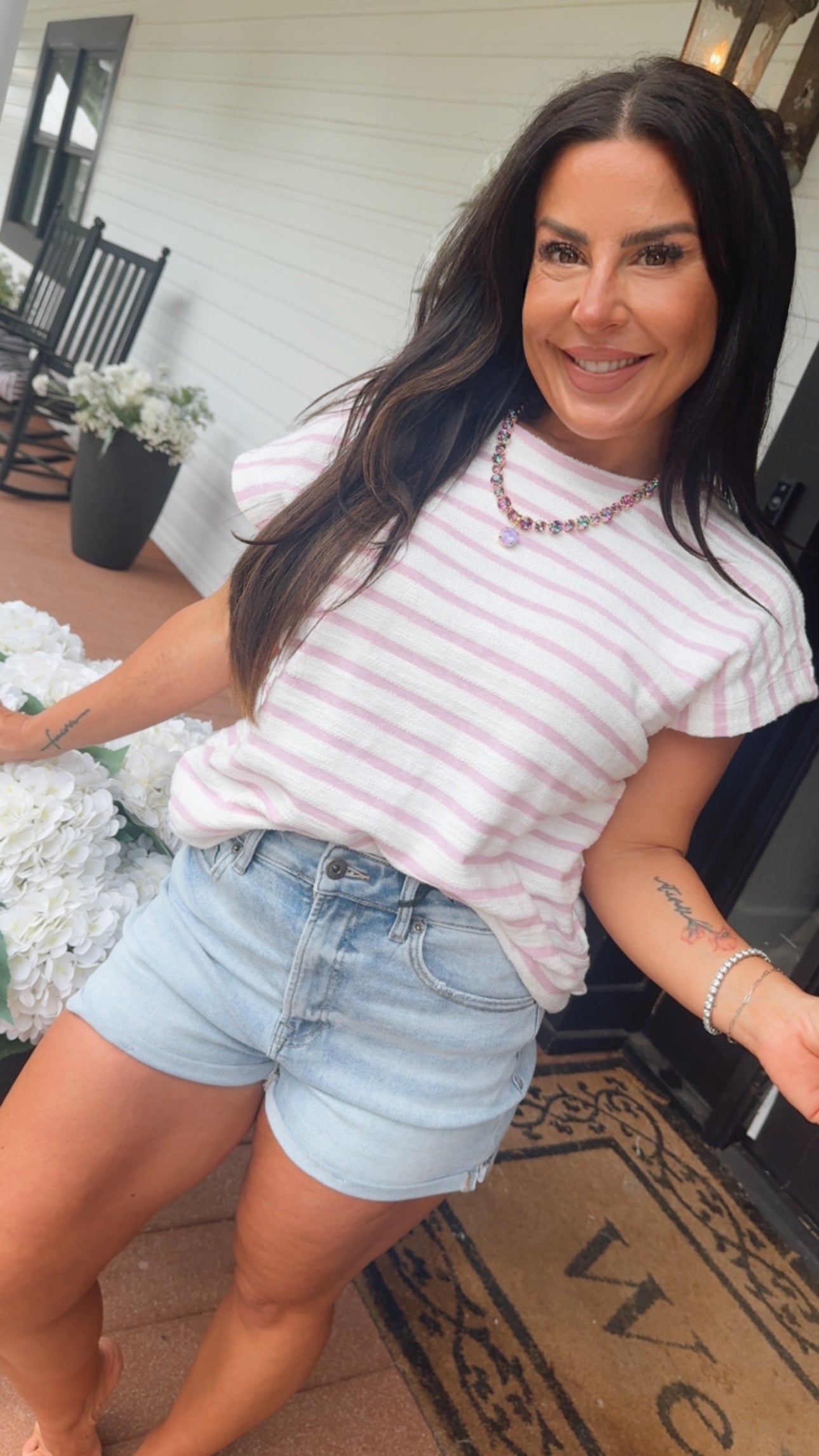 Soft Knit White With Pink Stripe Cap Sleeve Top