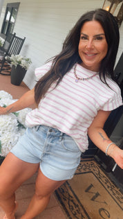 Soft Knit White With Pink Stripe Cap Sleeve Top