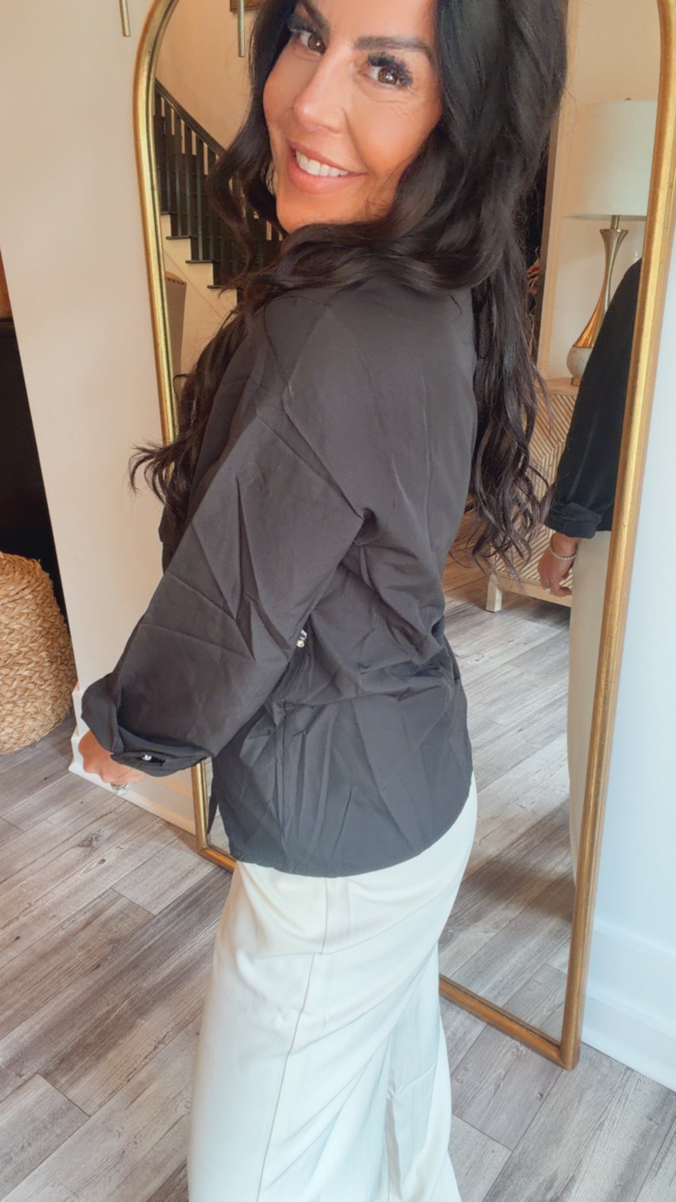 “ THE DIANA” Black Luxe Button Up Long Sleeve Top With Crystal Embleshiment Blouse