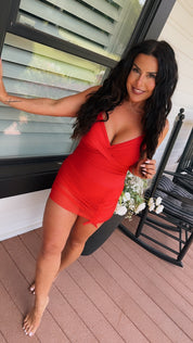 Red Sassy Sheer Skirt One Piece Bathing Suit