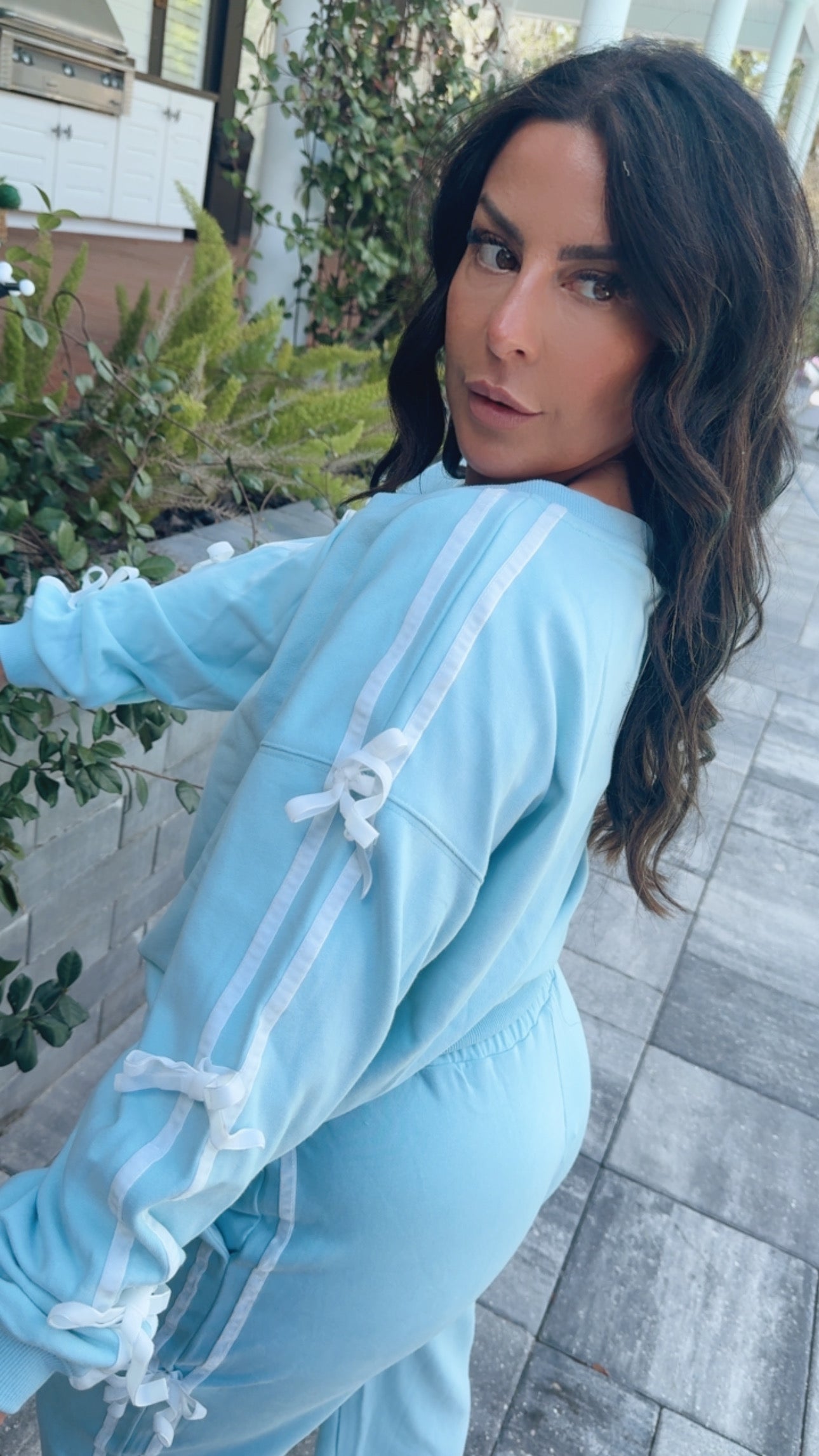 The Greii Lightweight Long Sleeve Light Blue Bow Crewneck