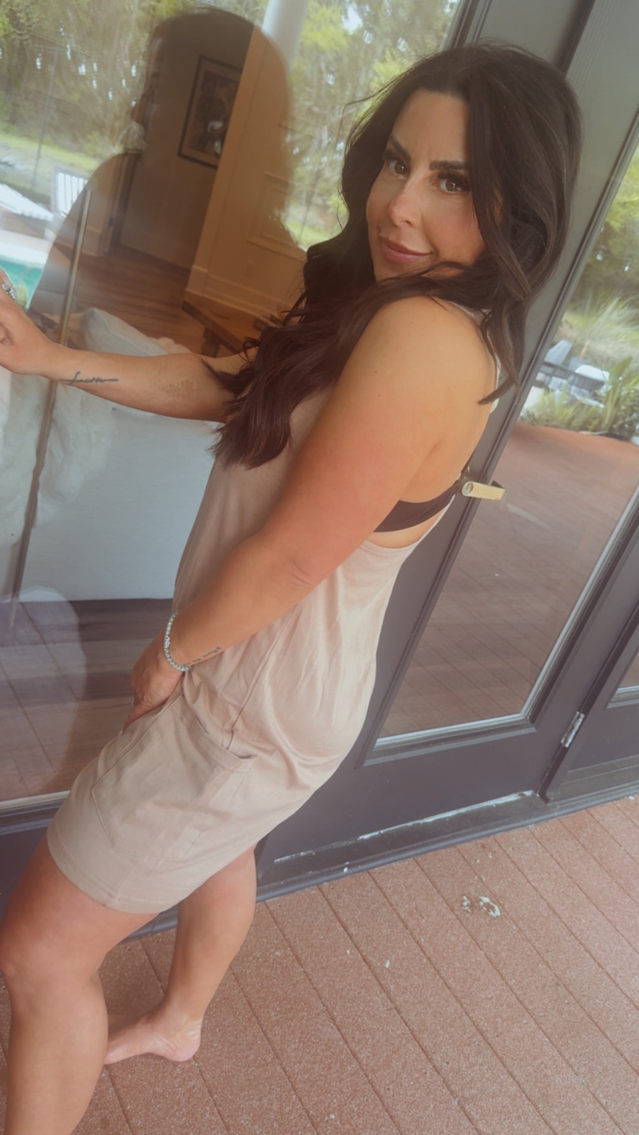 Light Brown Tank Romper With Pockets