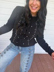 Black Pearl Studded Button Up Cardi
