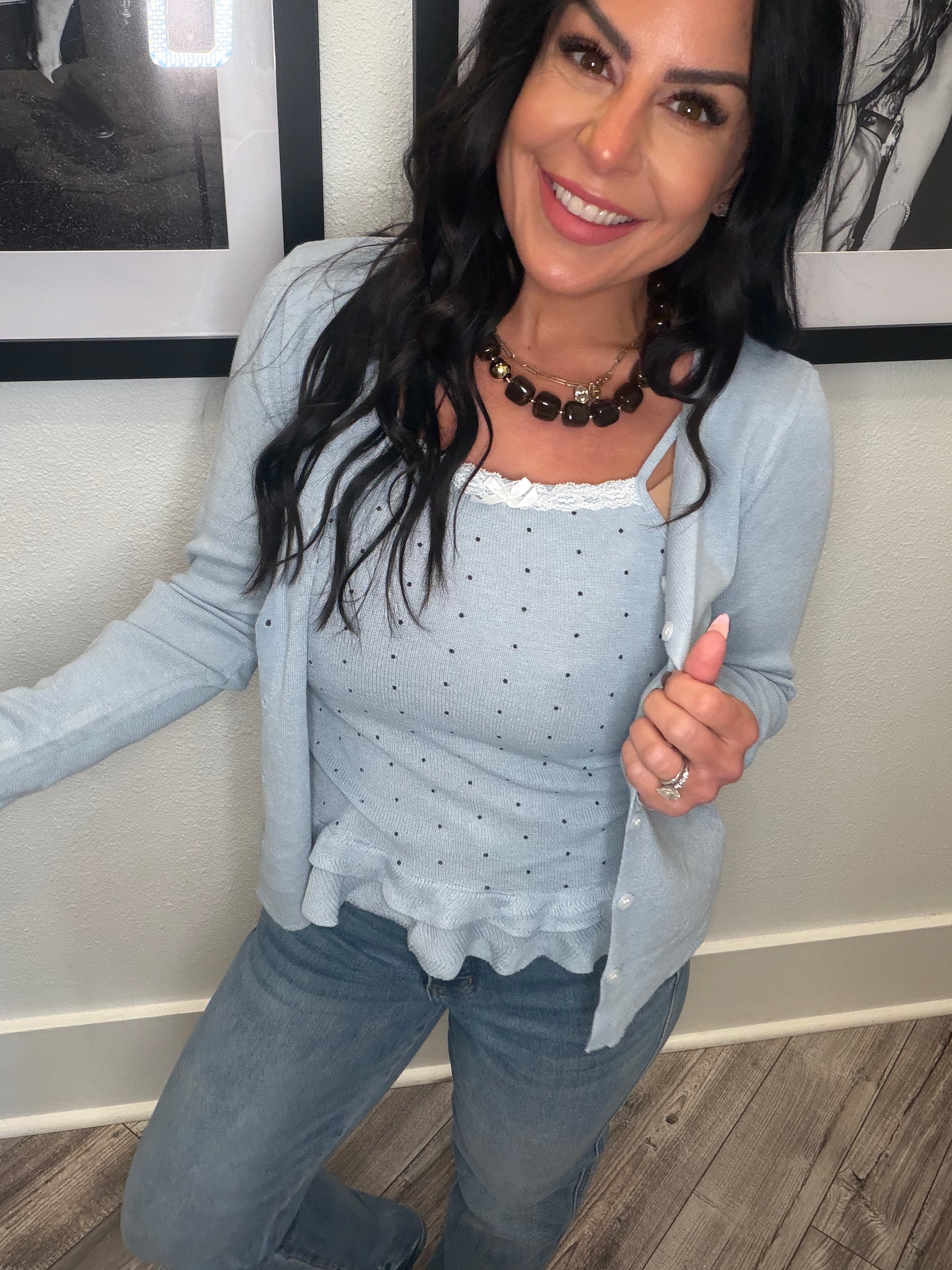Light Blue Knit Two piece Cami Tank And Sweater Top Set