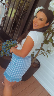 Chic Blue and White Ruffle Trim Gingham Shorts