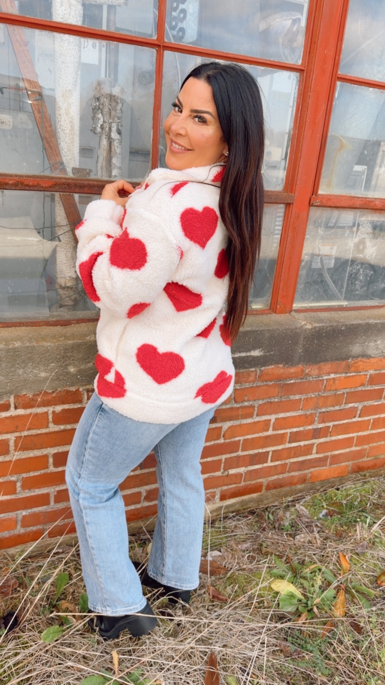 Red Heart Ivory Sherpa 1/4 Zip Jacket