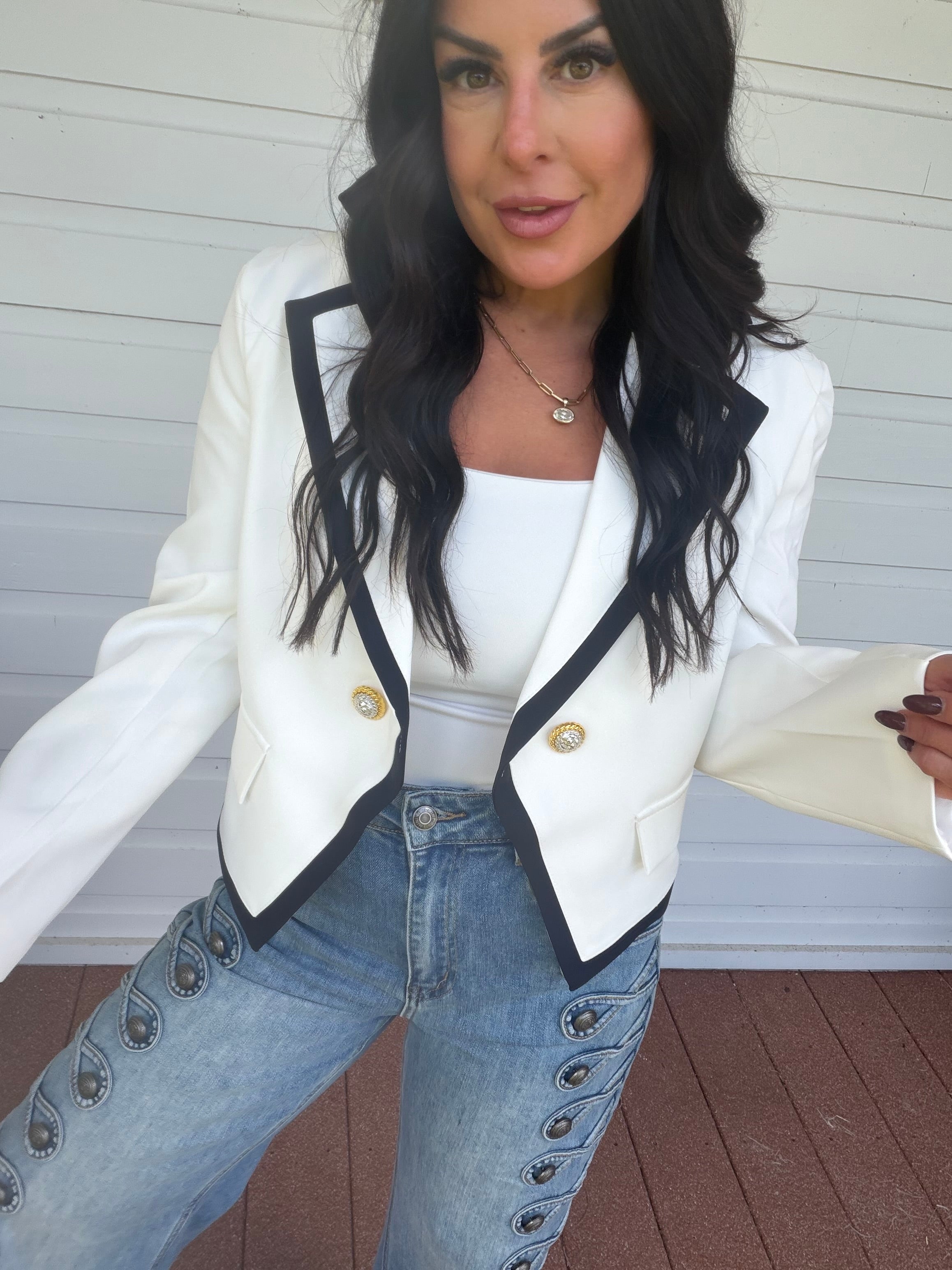 Chic White and Black Trim Gold Button Blazer