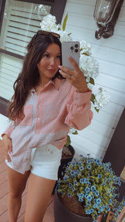 Terracotta and White Button Up Long Sleeve Top