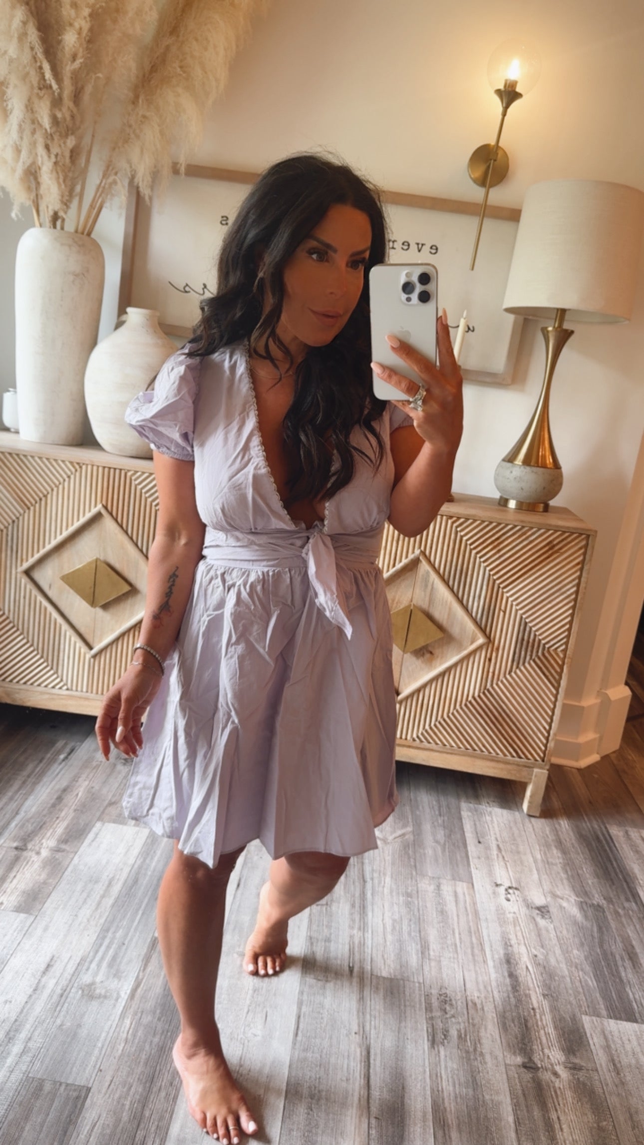 Lavender Puff Sleeve Smocked Waist Dress